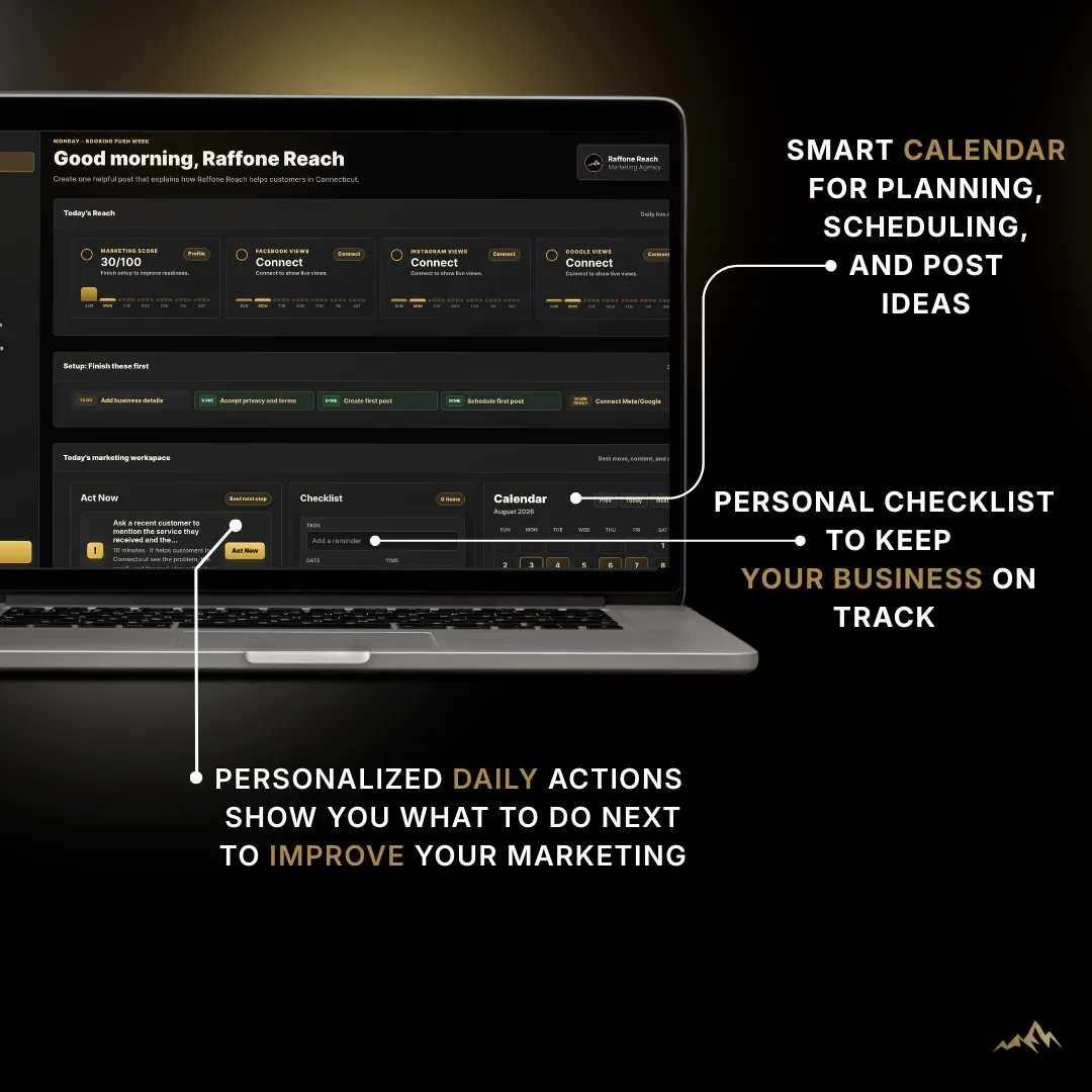 MediaReachAI dashboard showing personalized daily actions, a checklist, and a content calendar