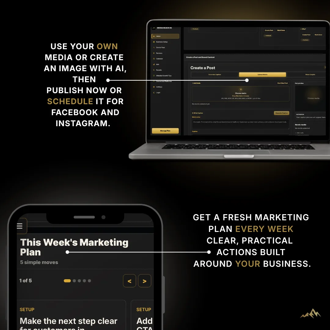 MediaReachAI Create Post workspace and weekly marketing plan shown on desktop and mobile